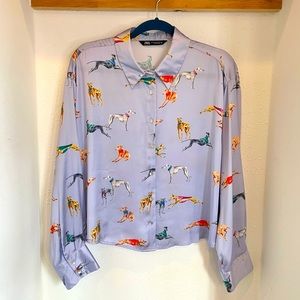 NWOT XL Zara Cropped Printed Blouse, Lilac Greyhounds